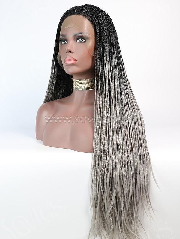 Synthetic Lace Front Wig Ombre Grey Color Box Braids Hair