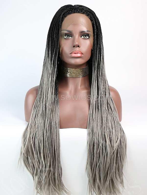 Synthetic Lace Front Wig Ombre Grey Color Box Braids Hair