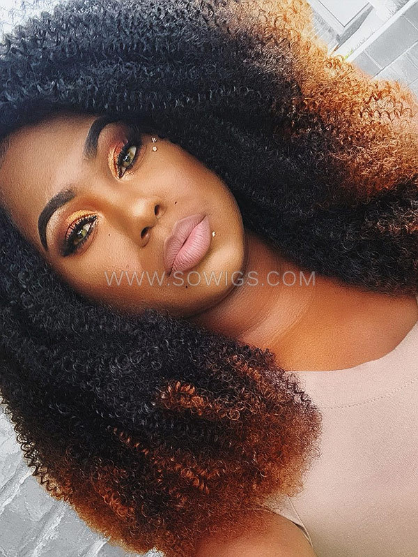 Synthetic Lace Front Wig Kinky Curly Ombre Brown Color Hair