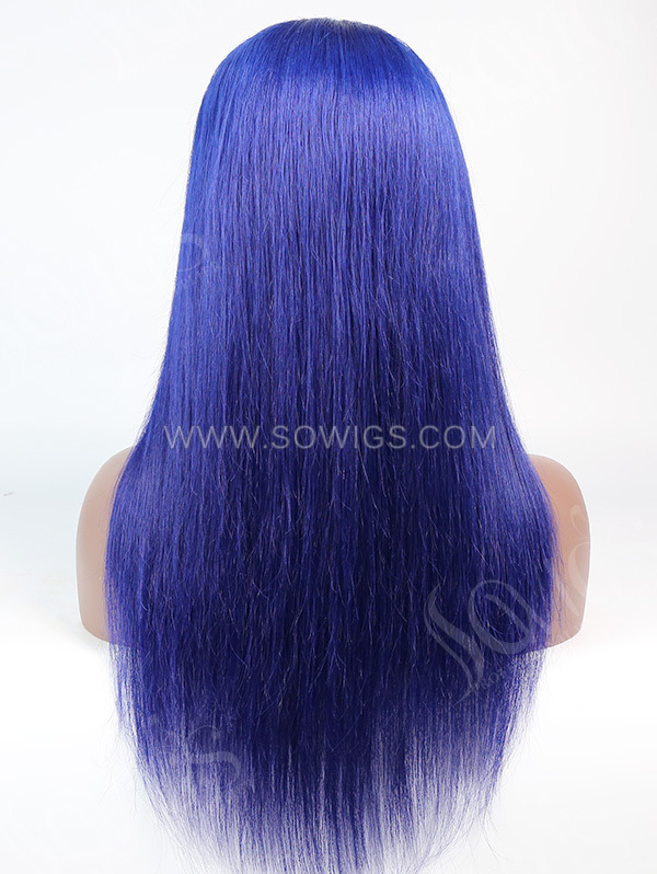 130% Density Lace Front Wig Straight Blue Color Human Hair