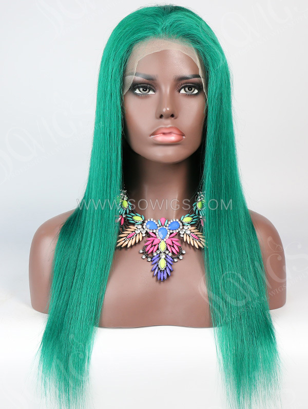 130% Density Lace Front Wig Straight Green Color Human Hair
