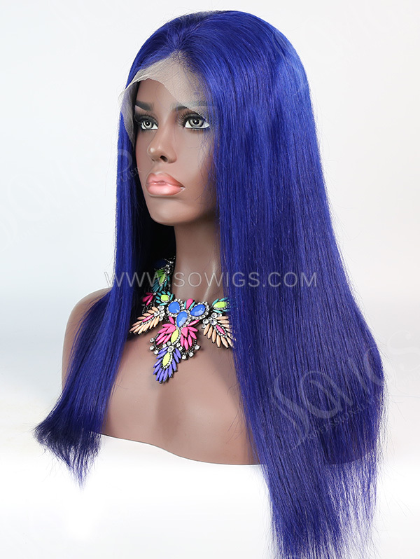 130% Density Lace Front Wig Straight Blue Color Human Hair