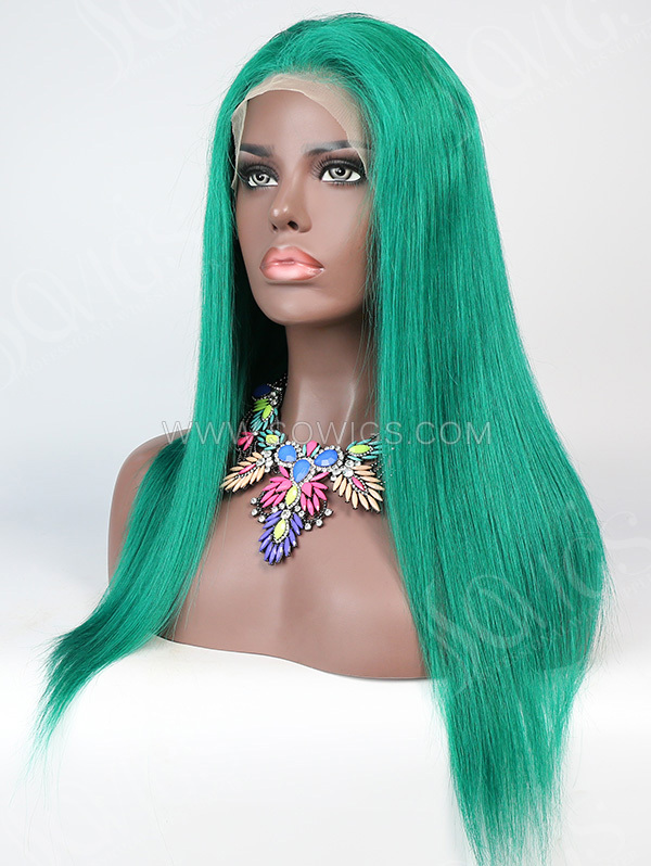 130% Density Lace Front Wig Straight Green Color Human Hair