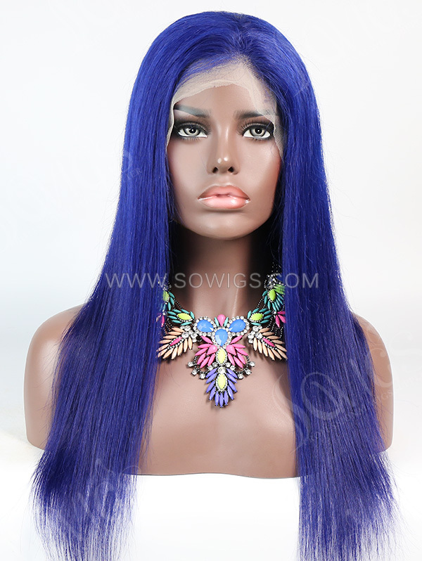 130% Density Lace Front Wig Straight Blue Color Human Hair