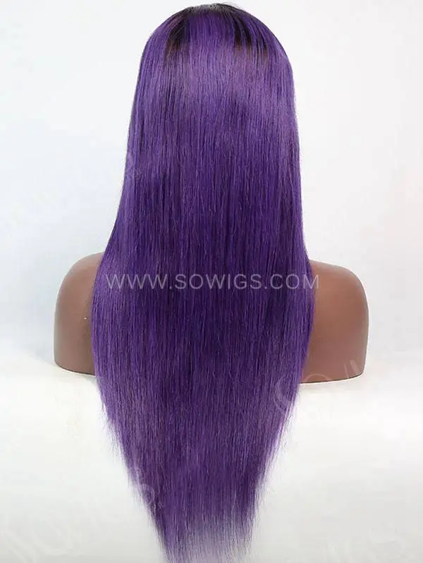 130% Density Lace Front Wig Straight Ombre 1B/Purple Color Human Hair