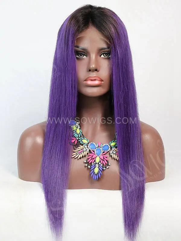 130% Density Lace Front Wig Straight Ombre 1B/Purple Color Human Hair