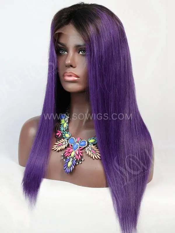 130% Density Lace Front Wig Straight Ombre 1B/Purple Color Human Hair