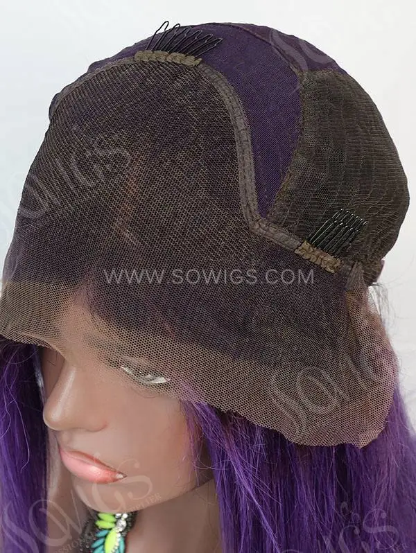 130% Density Lace Front Wig Straight Ombre 1B/Purple Color Human Hair