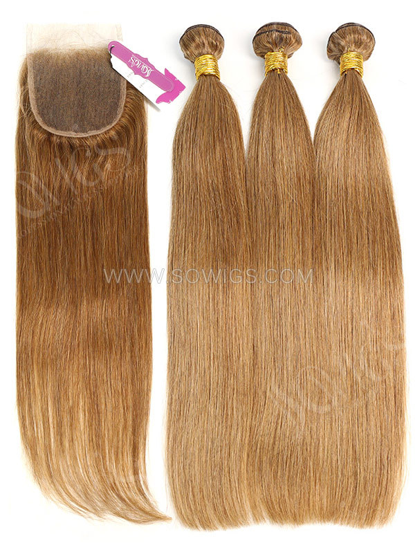 2 or 3 Bundles with Lace Closure Brazilian #8 Color Straight Human Hair 