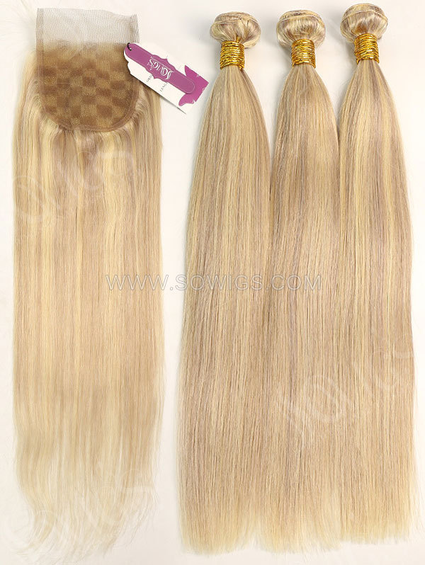2 or 3 Bundles with Lace Closure Brazilian #P18/613 Color Straight Human Hair 