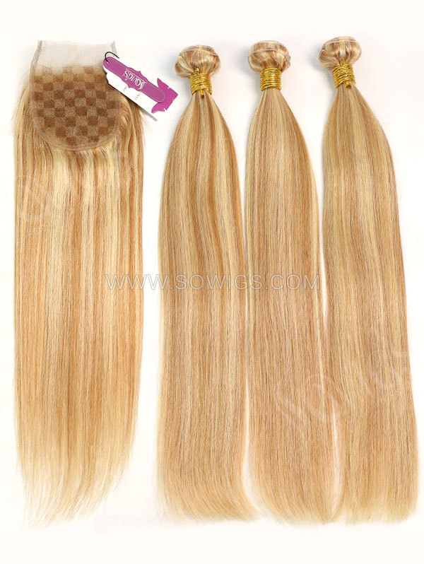 2 or 3 Bundles with Lace Closure Brazilian #P10/24 Color Straight Human Hair 