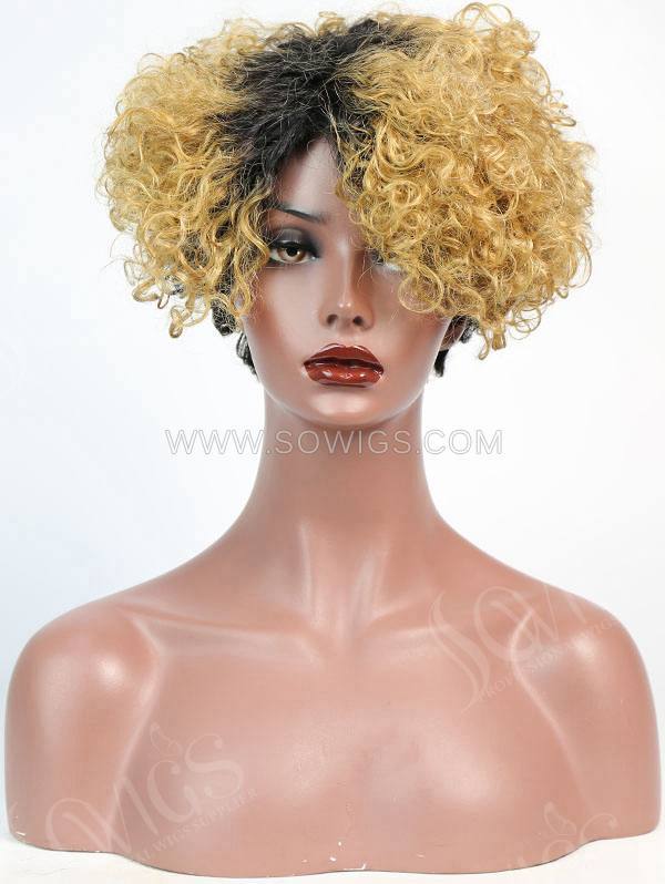 150% Density Lace Front Wig Short Small Curly 1B/27 Human Hair