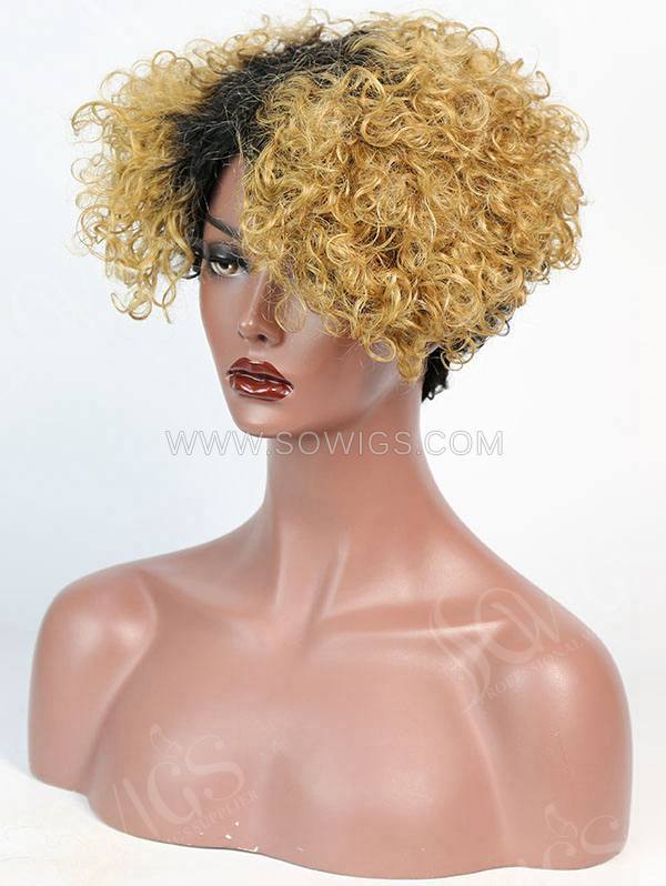 150% Density Lace Front Wig Short Small Curly 1B/27 Human Hair