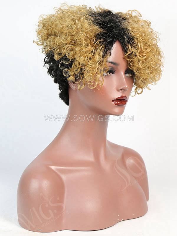 150% Density Lace Front Wig Short Small Curly 1B/27 Human Hair