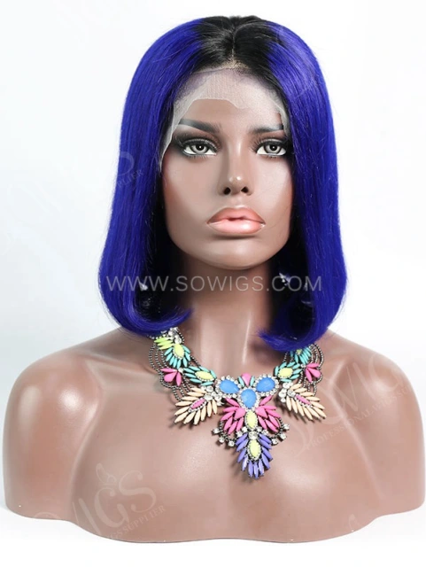150% Density Lace Front Wig Bob Straight Ombre 1B/Dark Blue Color Human Hair