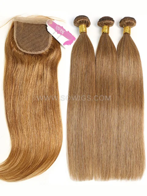 2 or 3 Bundles with Lace Closure Brazilian #6 Color Straight Human Hair 