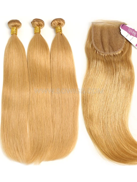 2 or 3 Bundles with Lace Closure Brazilian #27 Color Straight Human Hair 