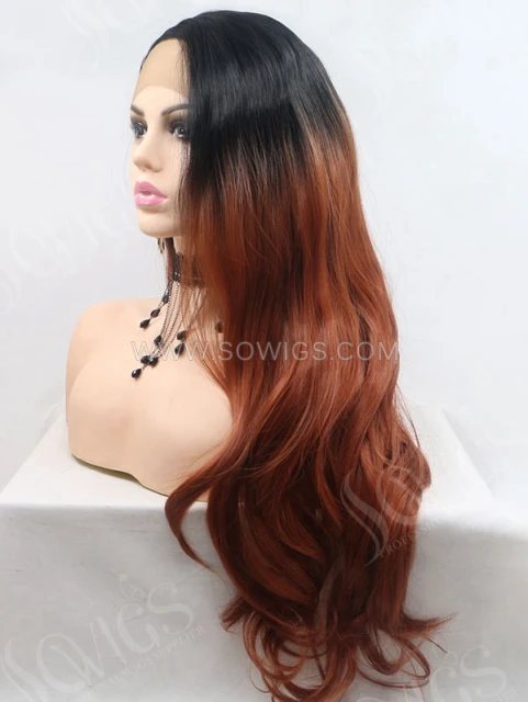 Synthetic Lace Front Wig Wave Ombre Reddish Brown Color Hair