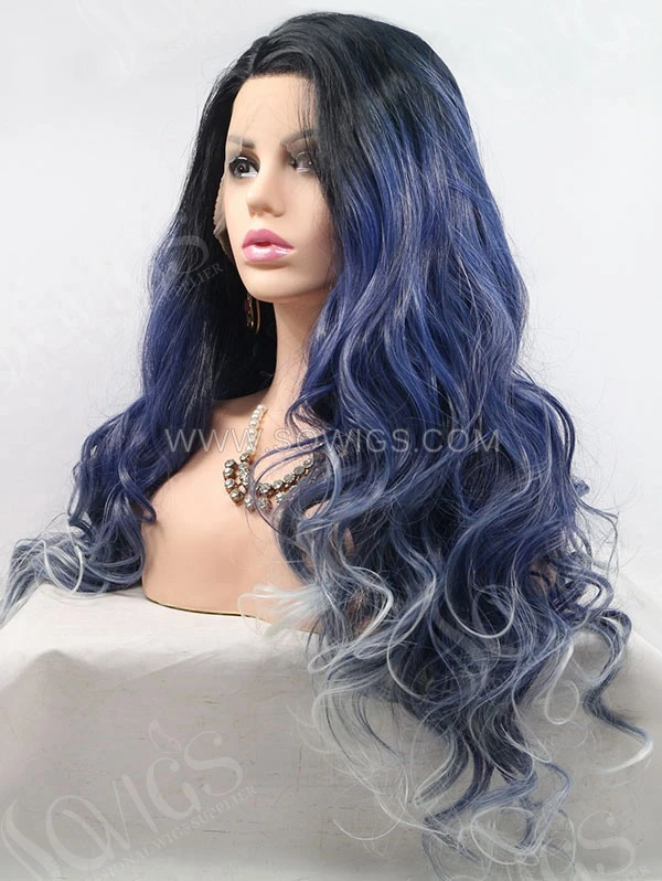 Synthetic Lace Front Wig Wave Flash Saphire With Dark Roots Hair