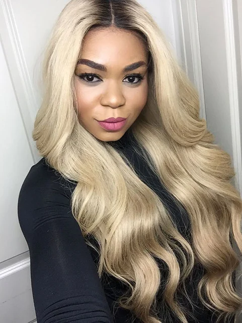 Synthetic Lace Front Wig Wave Light Blonde Ombre Color Hair