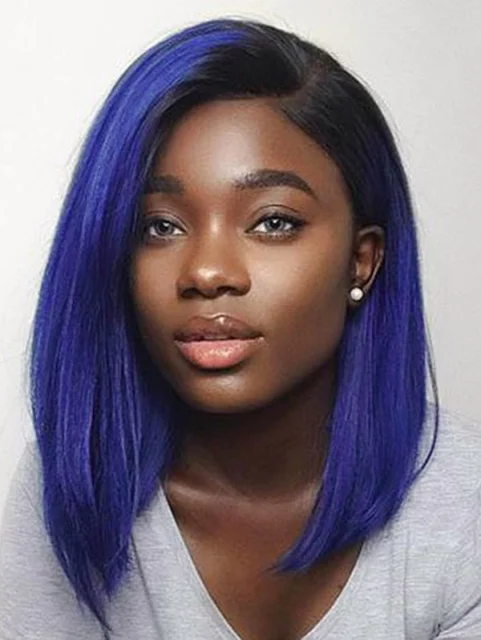 150% Density Lace Front Wig Bob Straight Ombre 1B/Dark Blue Color Human Hair