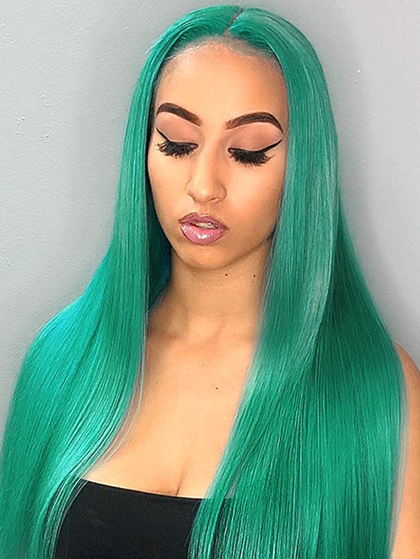130% Density Lace Front Wig Straight Green Color Human Hair