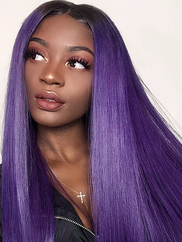 130% Density Lace Front Wig Straight Ombre 1B/Purple Color Human Hair