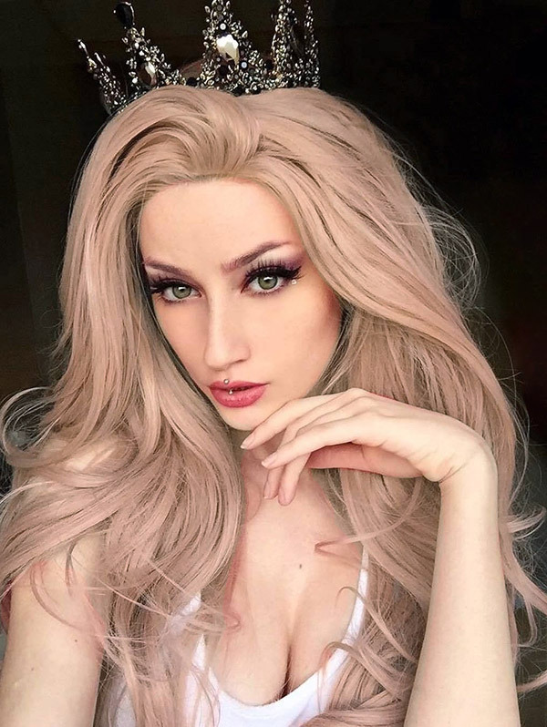 Synthetic Lace Front Wig Wave Dusky Rose Color Hair