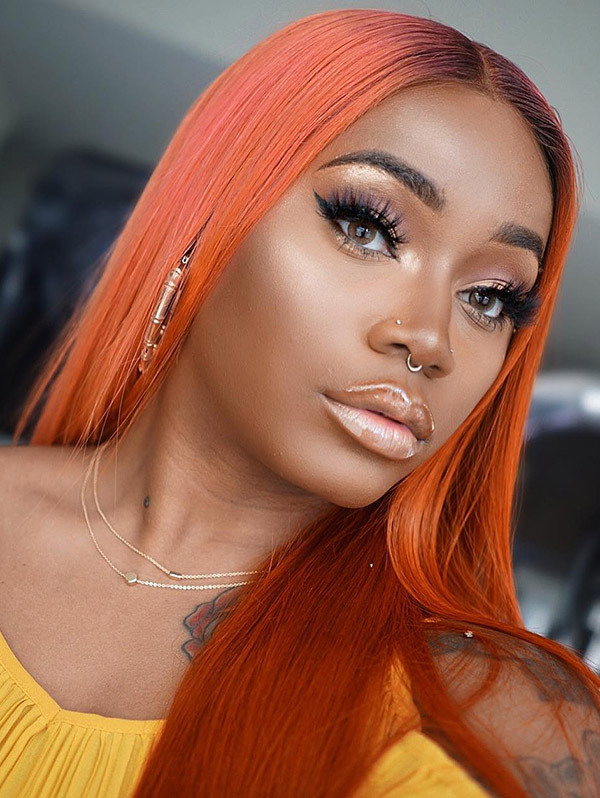 130% Density Lace Front Wig Straight Ombre 1B/Orange Color Human Hair