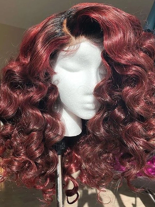 Wavy Style Ombre Burgundy Color Human Hair Wig With 7 Days To Customize