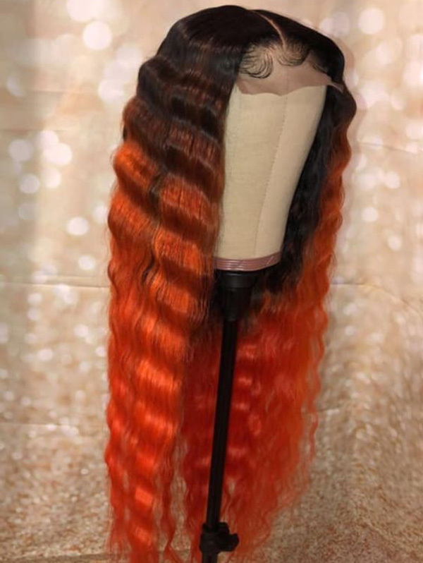 Wavy Style Ombre Orange Color Human Hair Wig With 7 Days To Customize