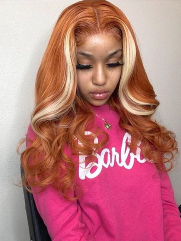 Wave Style Orange Highlighted Blonde Color Human Hair Wig With 7 Days To Customize
