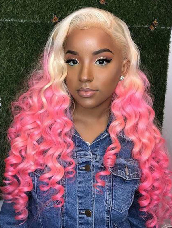 Wavy Style Ombre Blonde Pink Color Human Hair Wig With 7 Days To Customize