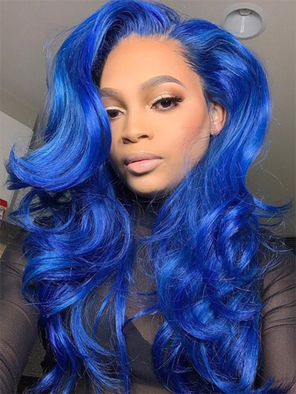 Wave Style Signal Blue Color Human Hair Wig With 7 Days To Customize