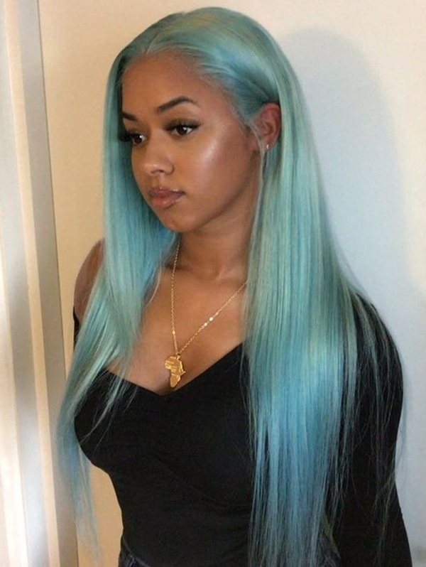 Straight Style Mint Green Color Human Hair Wig With 7 Days To Customize