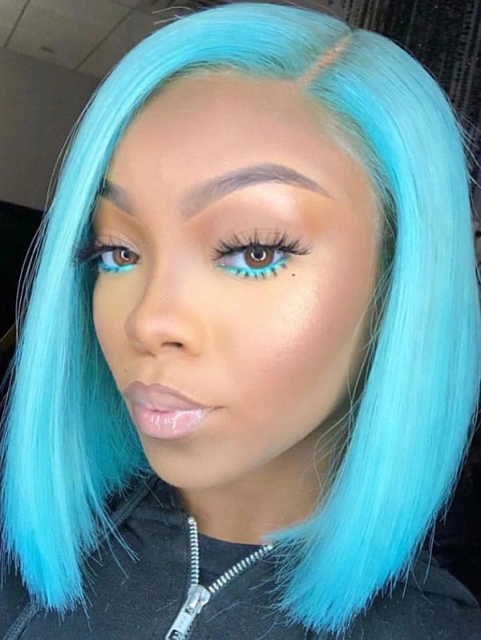 Straight Style Light Sky Blue Color Bob Wig Human Hair With 7 Days To Customize