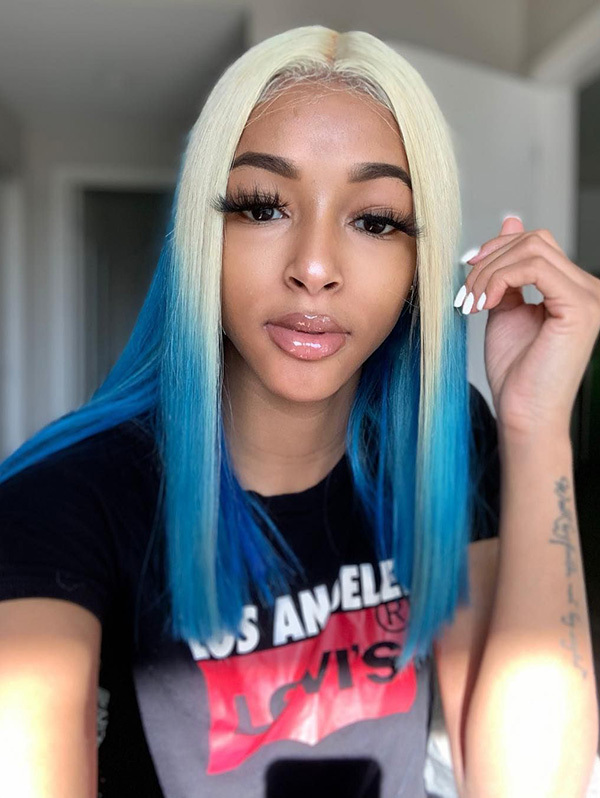 Straight Style Ombre Blonde Sky Blue Color Human Hair Wig With 7 Days To Customize