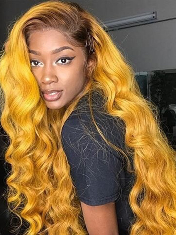 Wave Style Ombre Traffic Yellow Color Human Hair Wig With 7 Days To Customize