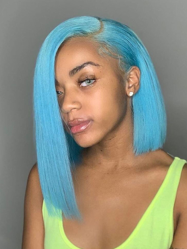 Straight Style Aqua Blue Color Bob Wig Human Hair With 7 Days To Customize