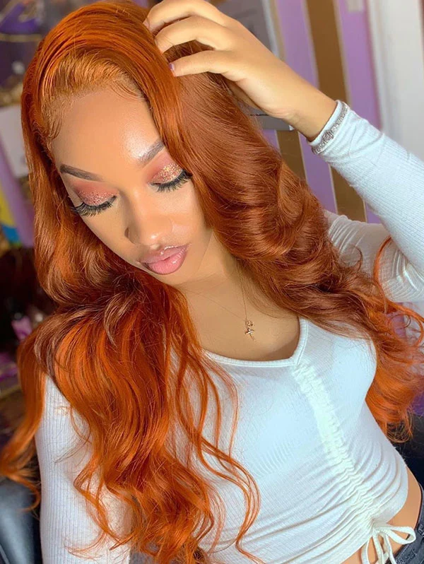 Wavy Style Medium Orange Color Human Hair Wig With 7 Days To Customize A15