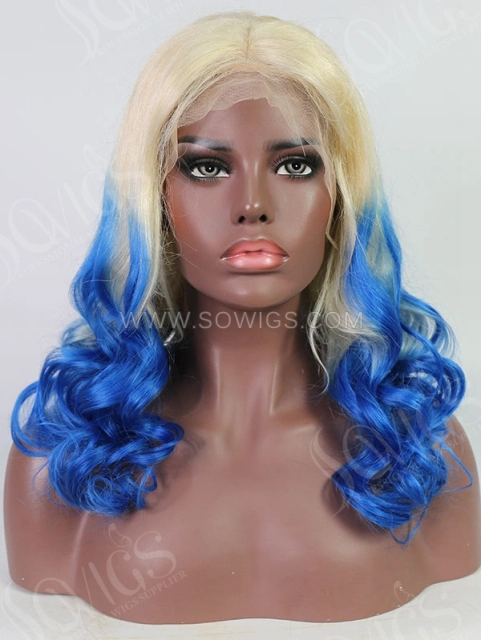 Wave Style Ombre Blonde Signal Blue Color Human Hair Wig With 7 Days To Customize A21