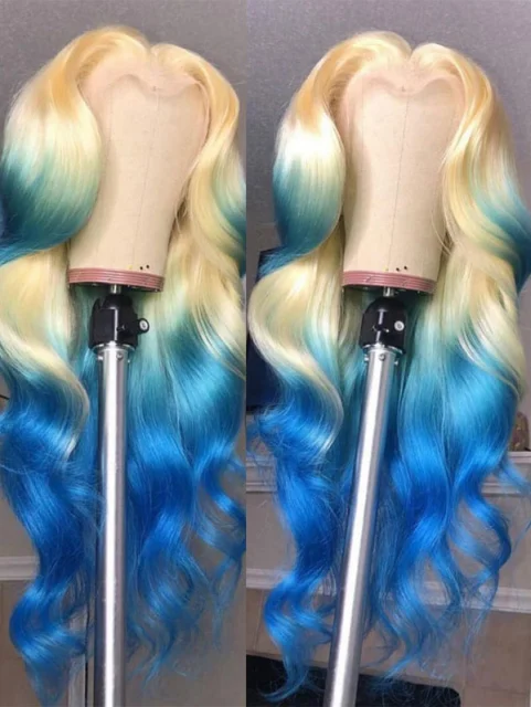 Wave Style Ombre Blonde Signal Blue Color Human Hair Wig With 7 Days To Customize A21