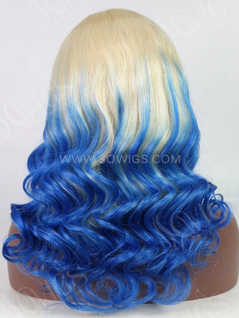 Wave Style Ombre Blonde Signal Blue Color Human Hair Wig With 7 Days To Customize A21