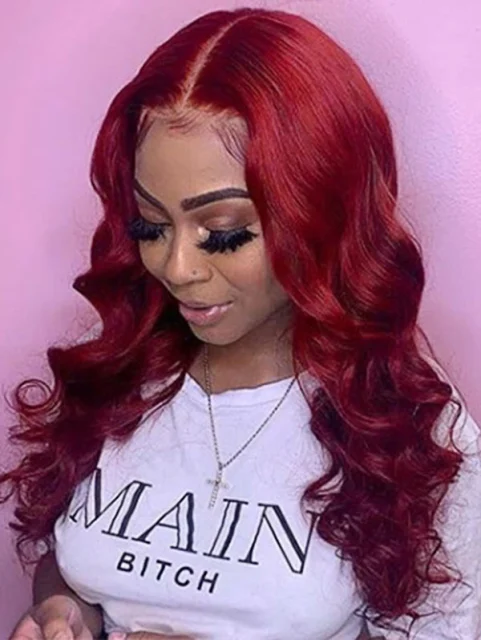 Wavy Style Dark Red Color Human Hair Wig With 7 Days To Customize A11