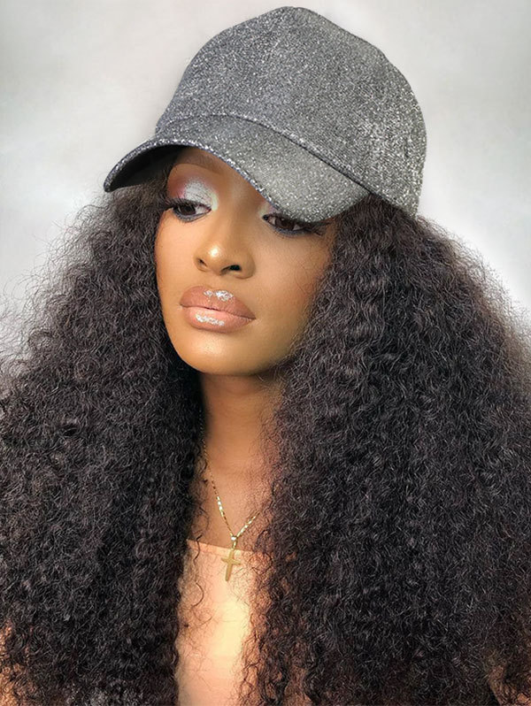 Cap With Kinky Hair Extension 100% Virgin Human Hair Hat Wig