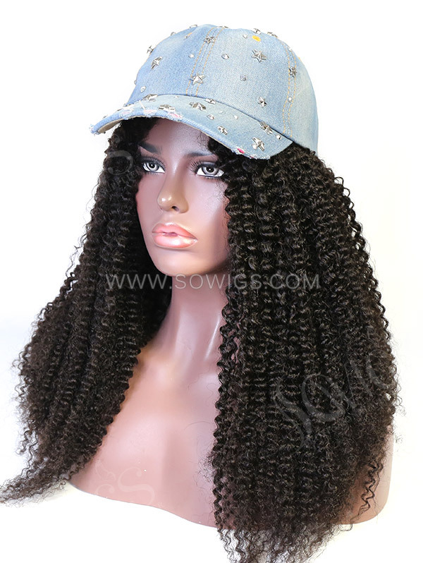 Cap With Kinky Hair Extension 100% Virgin Human Hair Hat Wig