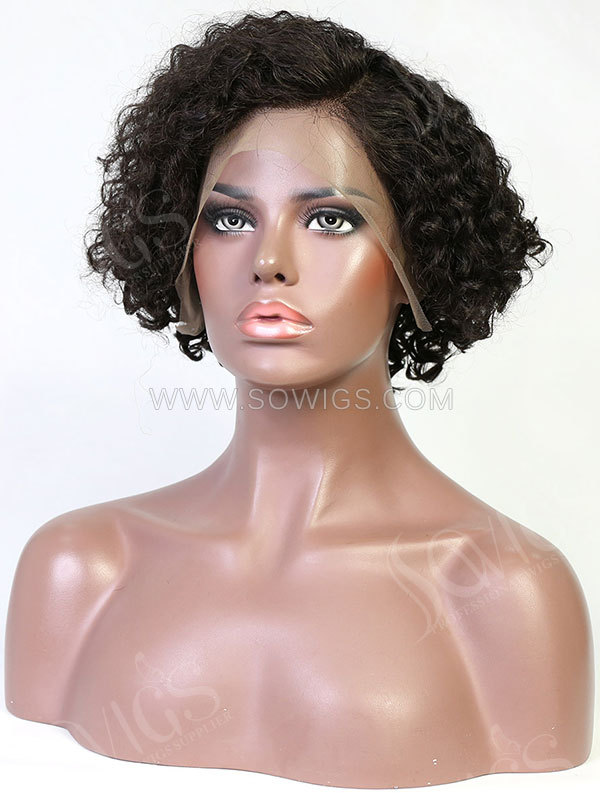 180% Density 13*4 Lace Frontal Bob Wig Pixie Curl XX02 VirginHuman Hair Natural Color