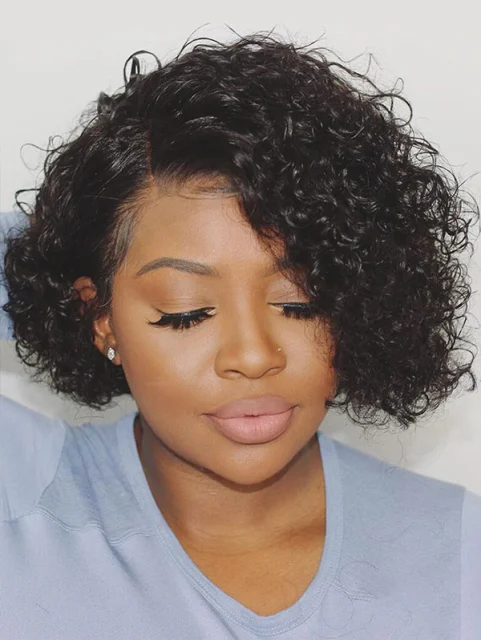 130% Density XX03 Pixie Curly 13*4 Lace Front Bob Wig  Human Hair Natural Color