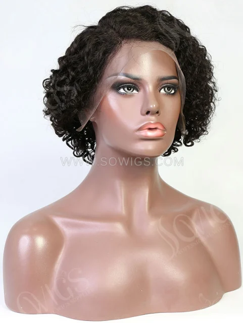 130% Density XX03 Pixie Curly 13*4 Lace Front Bob Wig  Human Hair Natural Color