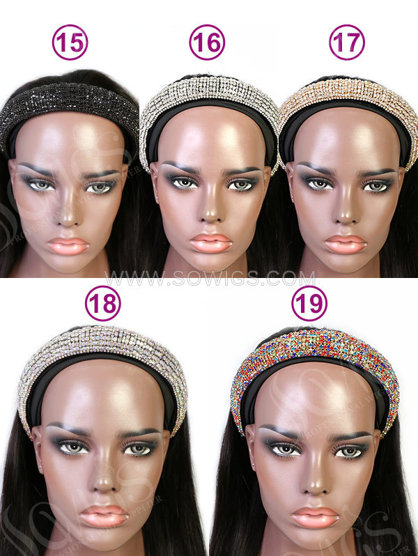 Rhinestone Encrusted Bling Elastic 180% Density Headband Scarf Wigs Virgin Human Hair Natural Color No lace No Glue
